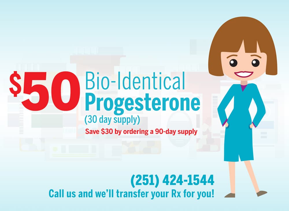 $50 compounded progesterone female bio identical hormone therapy cartoon promotional ad